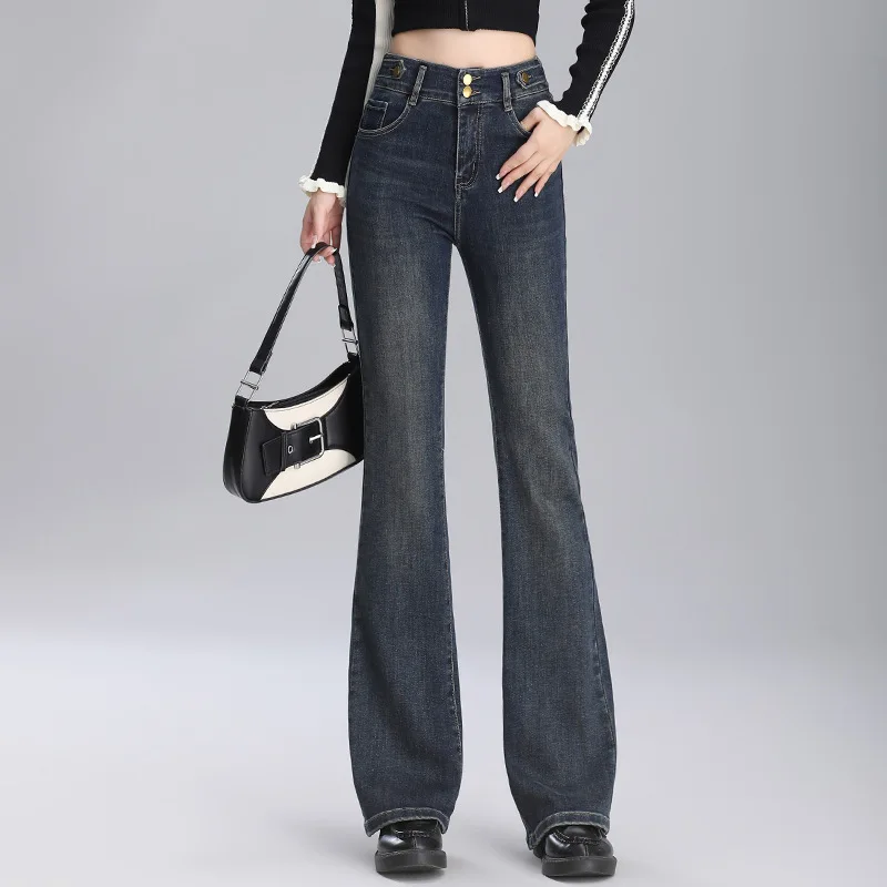 الربيع والخريف عالية الخصر زر مزدوج متوهج الجينز للنساء سليم صالح تنوعا مستقيم مطاطا جرس أسفل السراويل