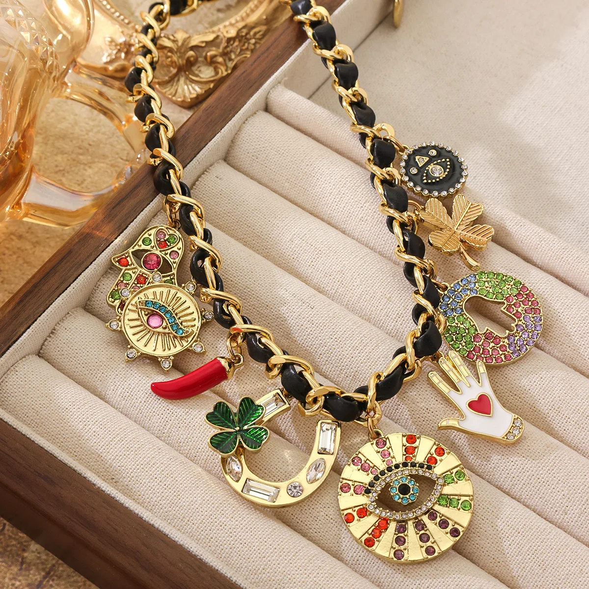 vintage lucky necklace eye charm multi-pendant chain collar chocker  Bohemian style