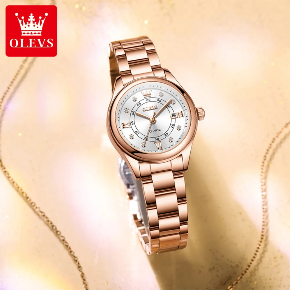 OLEVS Original Elegant Women Quartz Watch Stainless Steel Waterproof Luminous Chronograph Date Ladies' Watch Gifts Box NO.5683