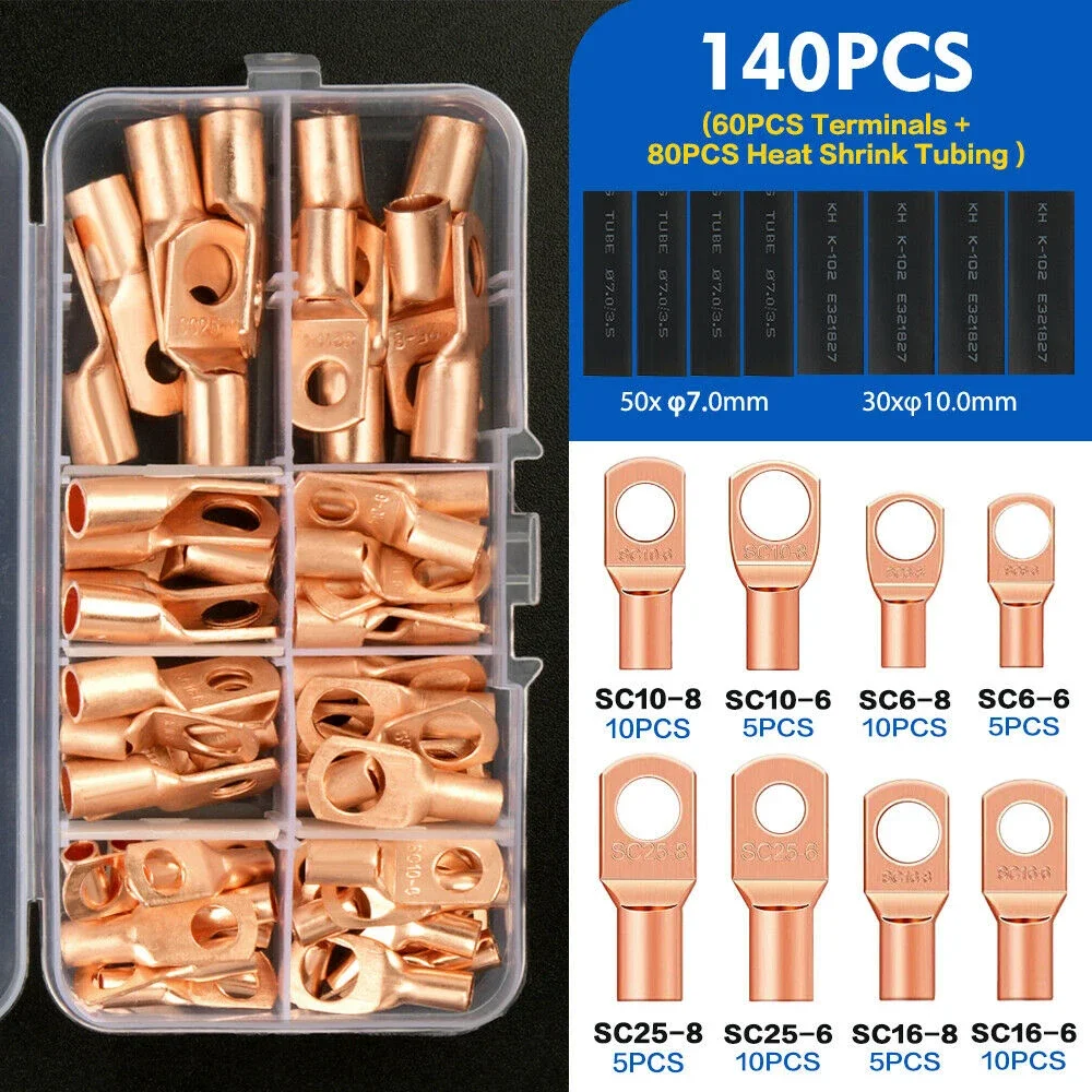 

140 Pieces Auto Solder Connector Kit Copper Ring Crimp Wire Terminal Bare Cable Battery Terminal with Heat Shrink Tube