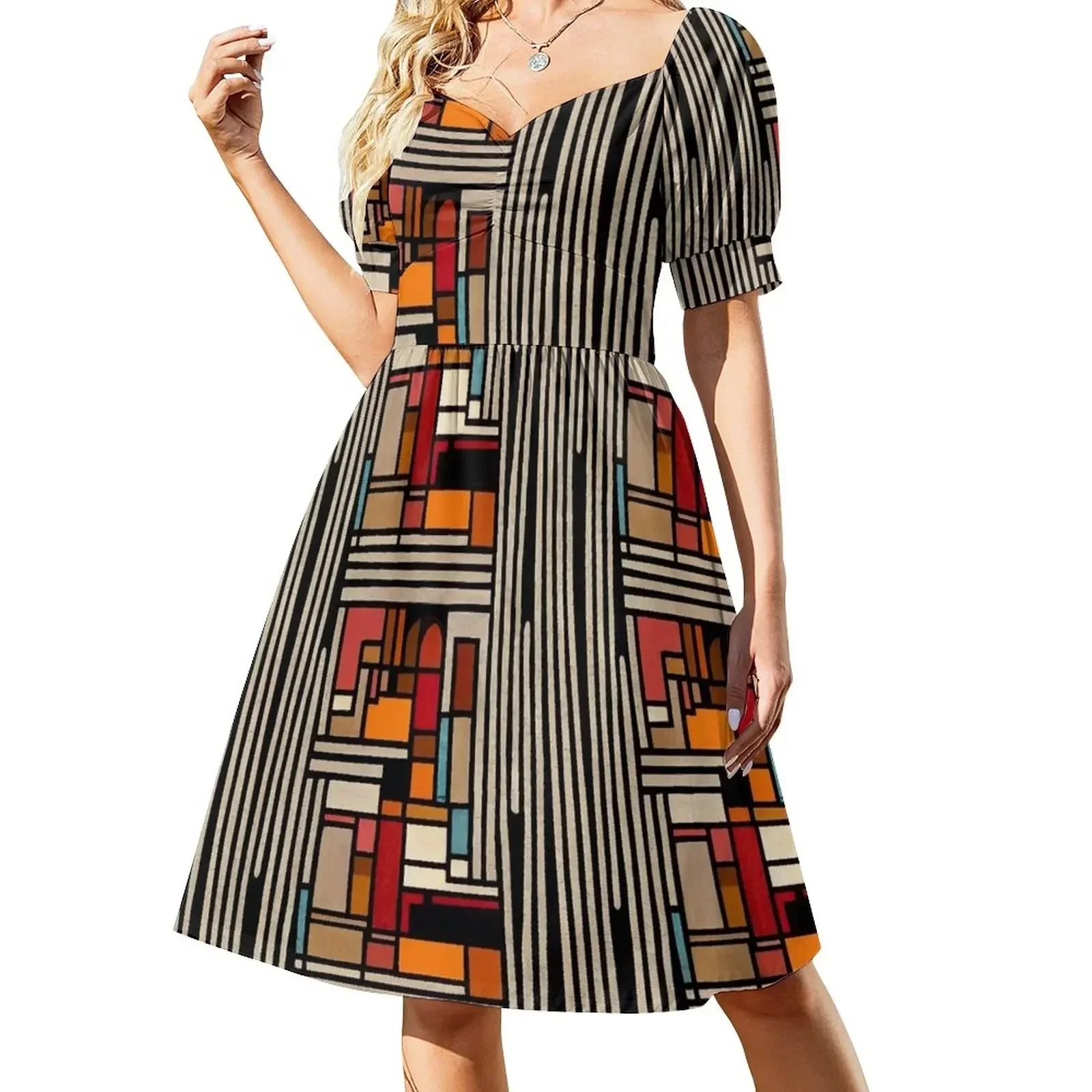 

Retro 1970s look muted design seamless pattern Short-Sleeved Dress birthday dress for women luxury woman party dress