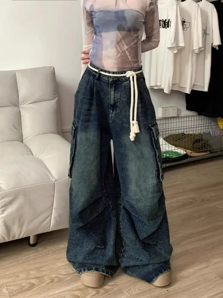 

Retro Workwear Denim Pants Baggy Wide Leg Cargo Jeans for Men Women Thickened Winter Street Style Oversized Trousers