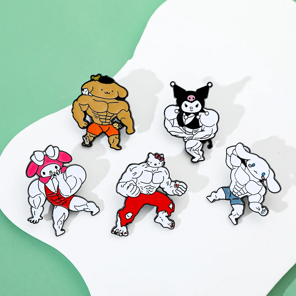 Funny Sanrio Muscle Serie Enamel Pins Kawaii Anime Hello Kitty Brooch Fitness Hunk Couple Melody Kuromi Bag Pins Accessories