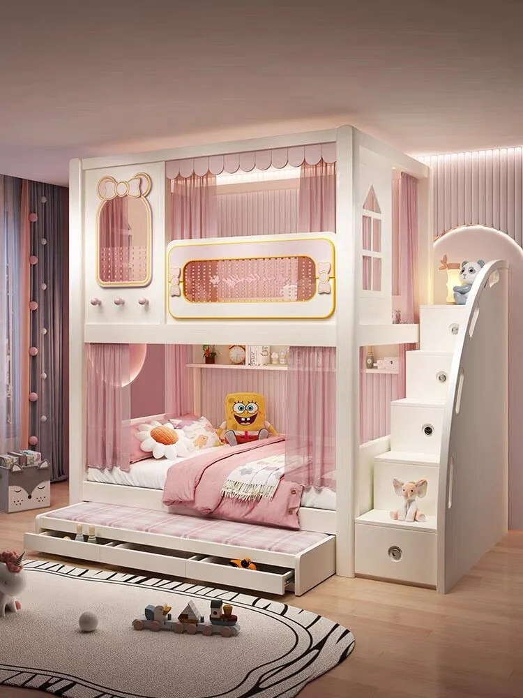Children's Wooden Bunk Bed Princess Castle Treehouse Design High Guardrail High Low Bunk Bed Girls Bedroom Eco-Friendly Durable