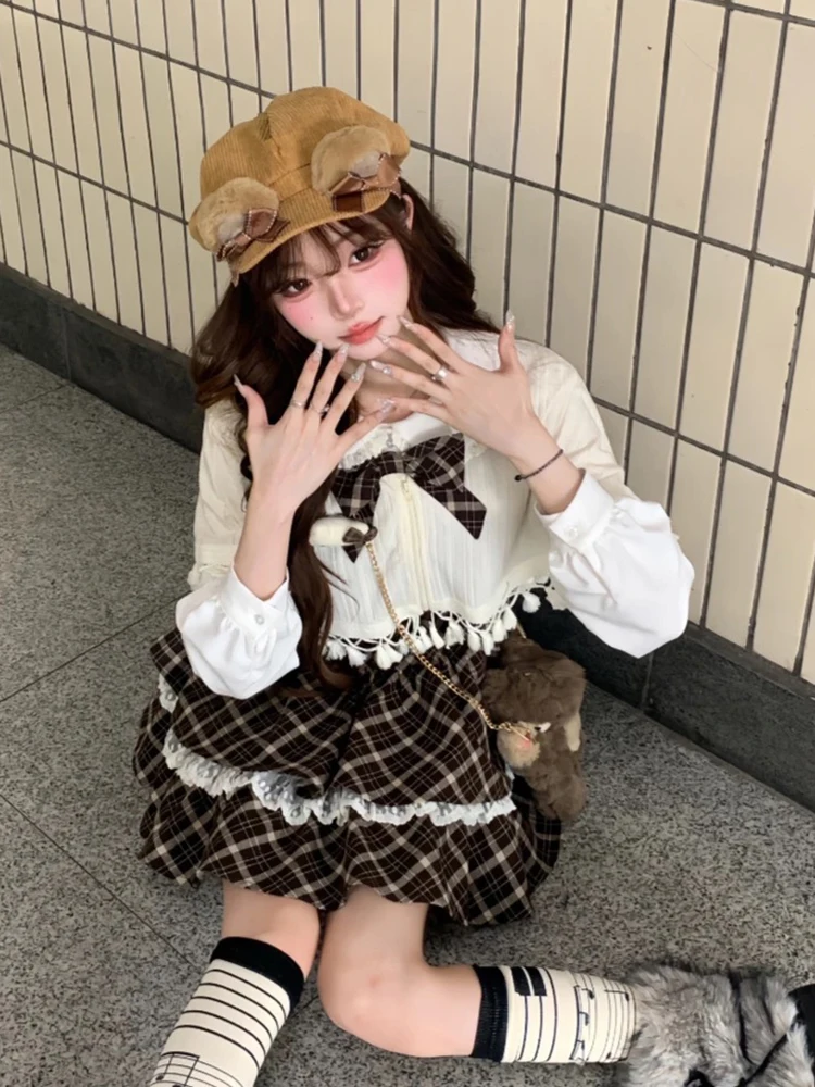 

Комплект из двух предметов в стиле Лолита: винтажное платье с бахромой, молнией, осеннее, в стиле кавай, с накидкой, в клетку, с бантом, кружевными вставками и длинными рукавами