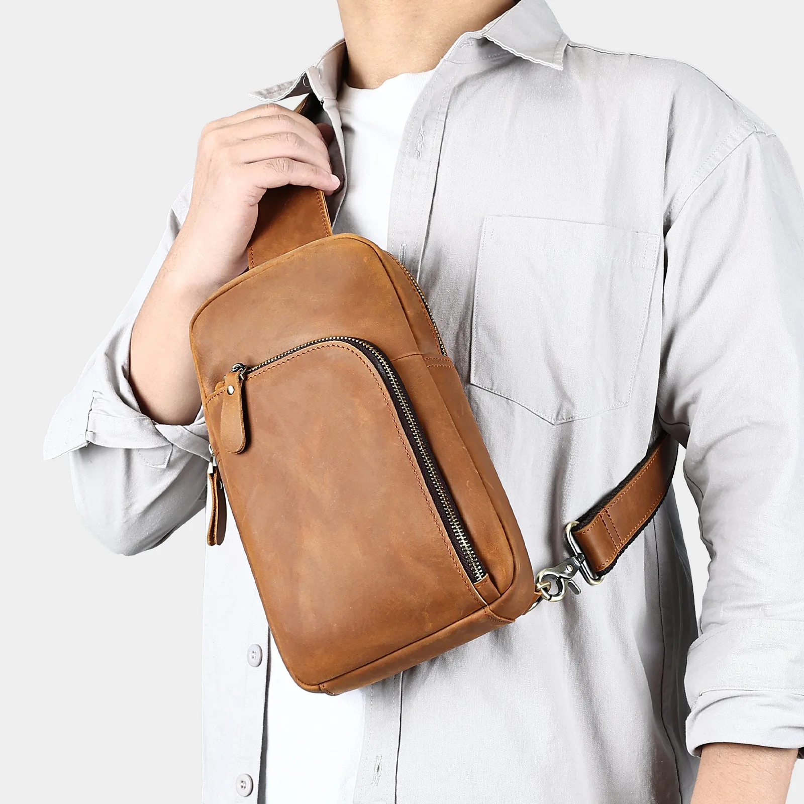 

Vintage Crazy Horse Leather Chest Bag for Men, Genuine Top Grain Cowhide Sling Pack, Distressed Crossbody Bag