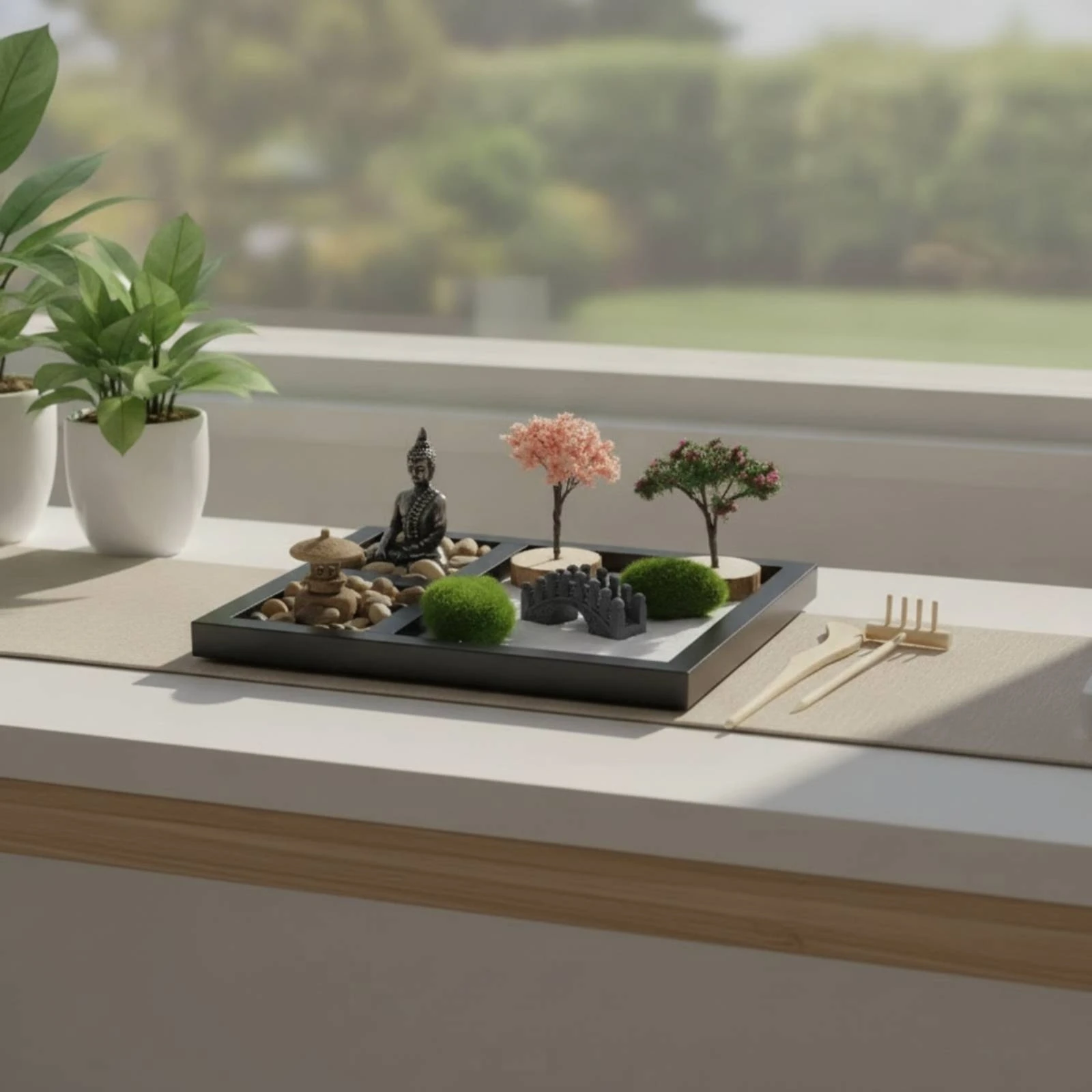 Tabletop Zen Garden Rectangular Desktop Zen Garden Tray Stress-Relief Decor Calming for Desk, Office