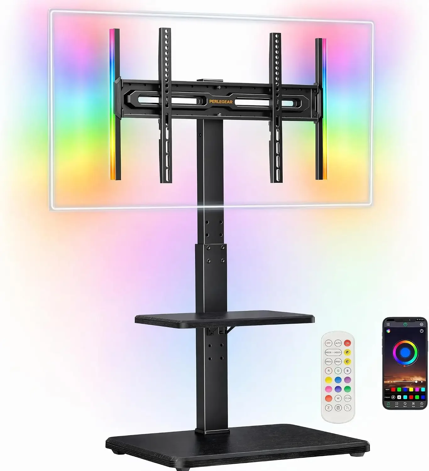 Floor TV Stand with LED Lights for 34-75 inch TVs up to 110 lbs, Max VESA 600x400mm, Swivel, Tilt, 12 Height Levels, TV Backligh