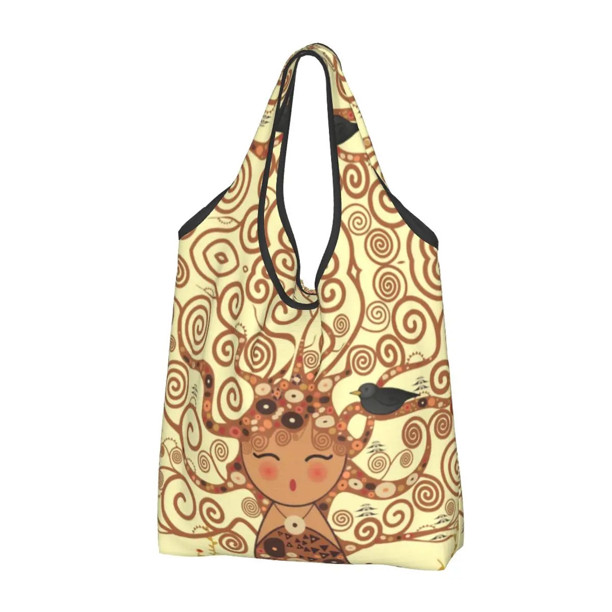 Cute Print Kokeshi Tree Of Life Shopping Tote Bag Portable Shopper Shoulder Stoclet Frieze Gustav Klimt Handbag