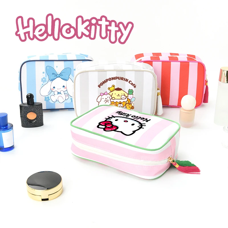 

Sanrio Hello Kitty Large Size Canvas Stripes Toiletry HandBag Fashion Tassel Zipper Travel Toiletry Beauty Cosmetic Storage Bags