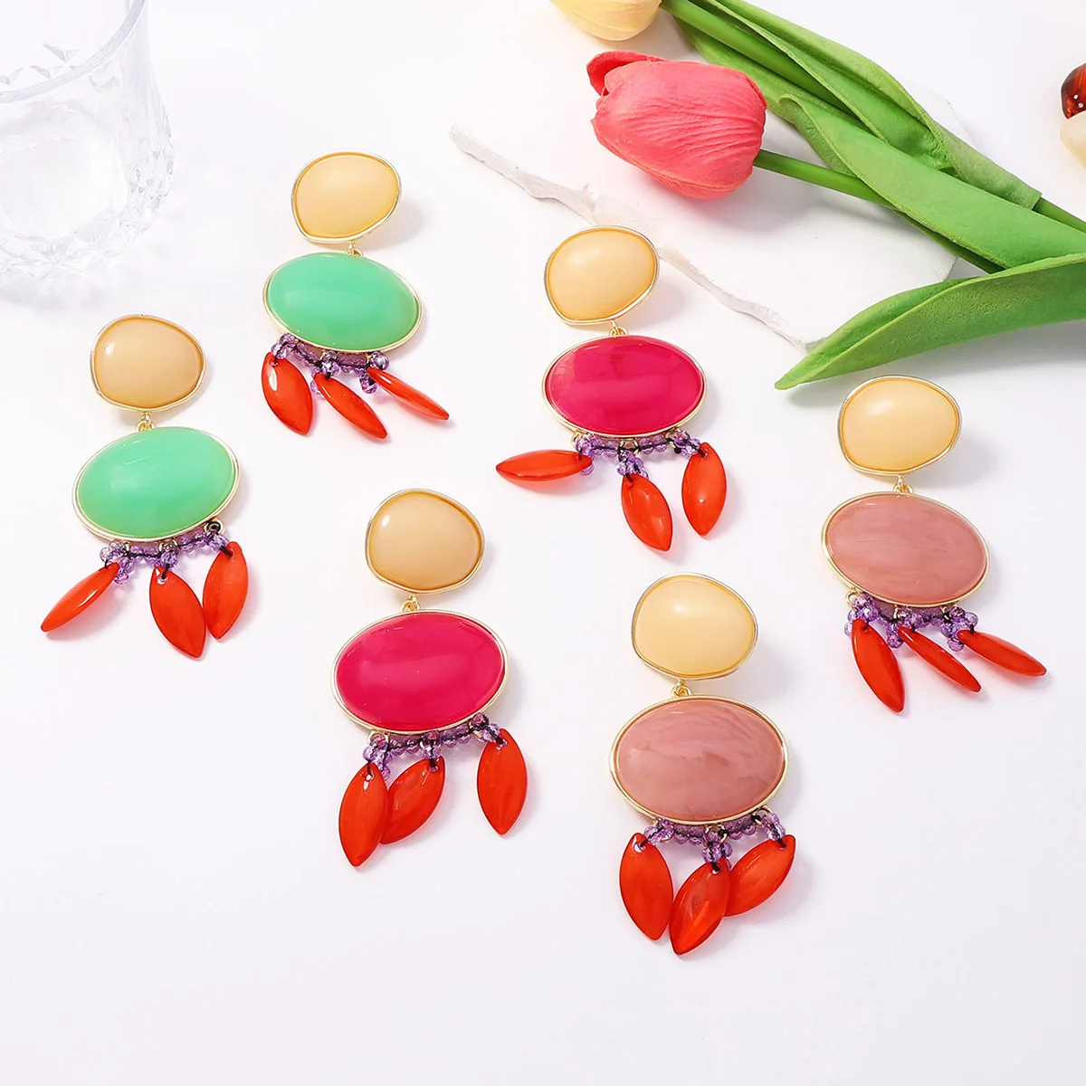 New Arrivals Colorful Oval Geometric Resin Tassel Drop Earrings for Women Bohemian Summer Beach Party Jewelry Gifts