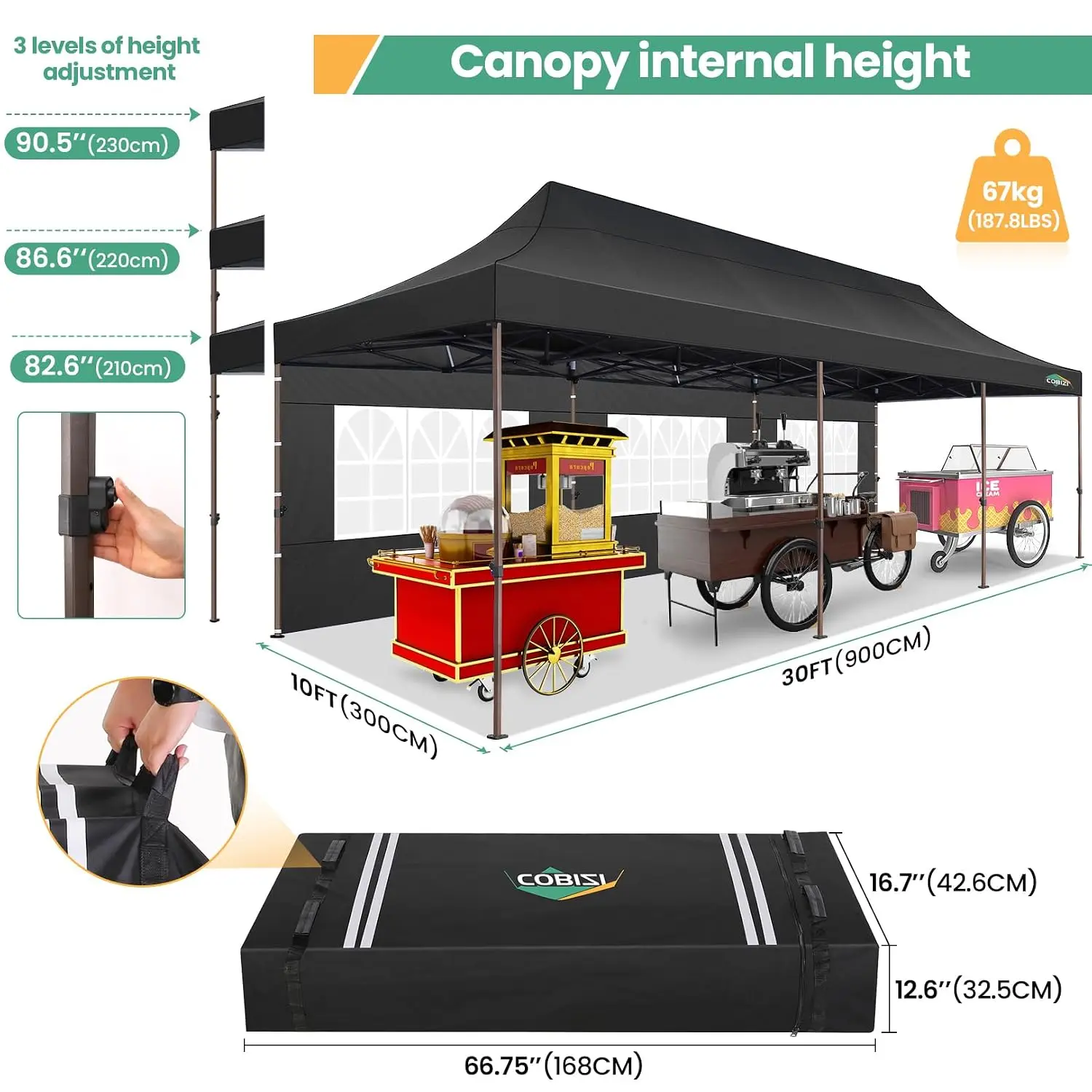 10x30 Pop Up Heavy Duty Canopy with 8 Sidewalls and Hexagonal Legs, Easy up Tent for Party, Wedding and Commercial, Customized