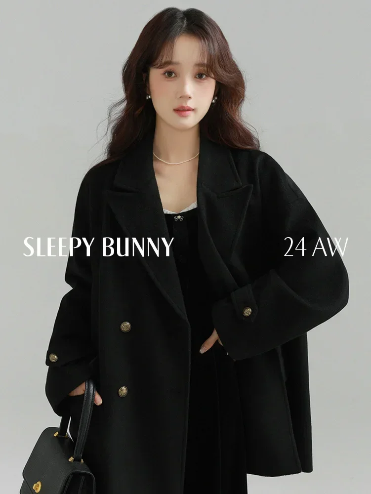 Retro Closure Collar Wool-like Coat Women Black Long Overcoat Elegant Casual Autumn Winter Fashion Chic Outerwear 2025 Trendy