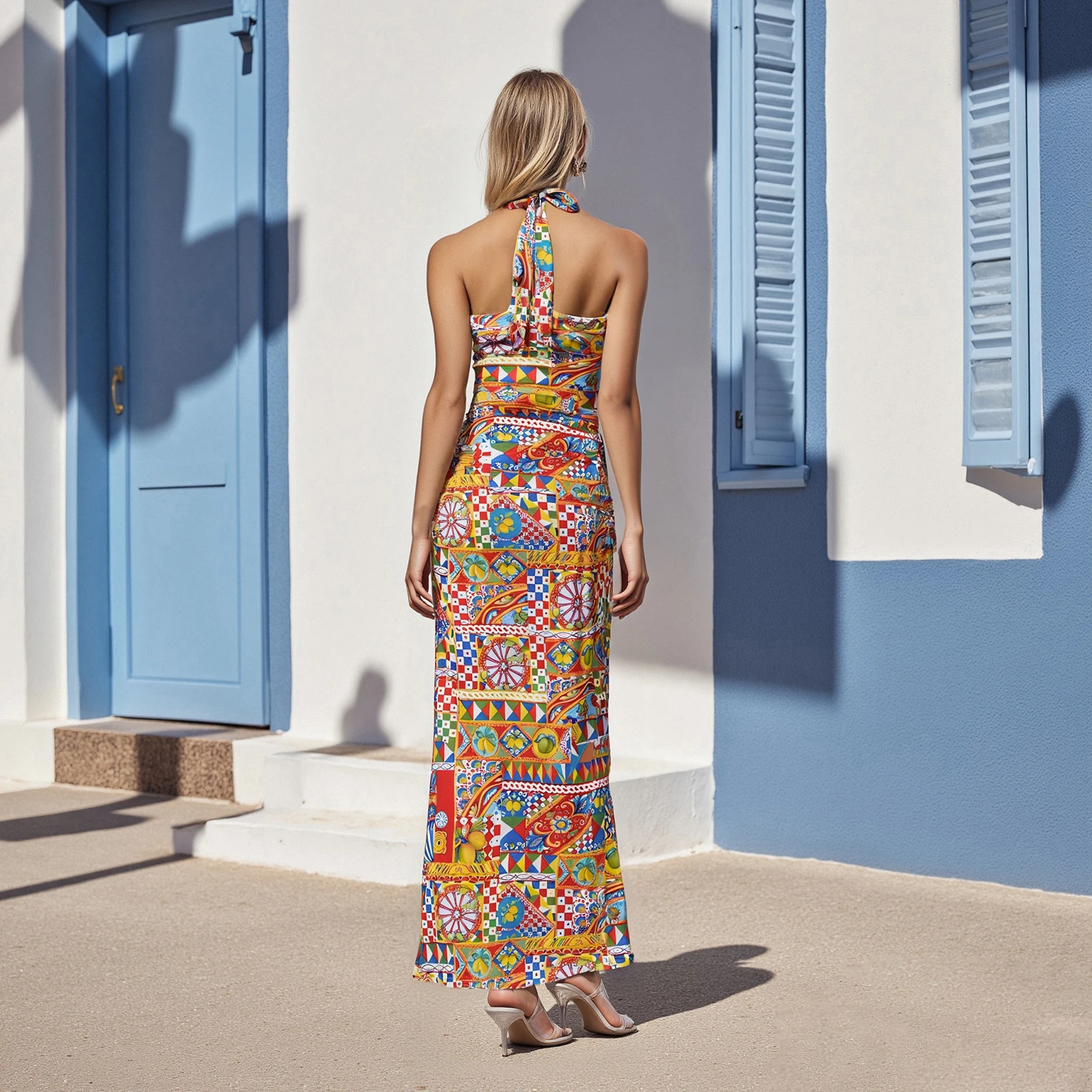 ใหม่แฟชั่นสตรีฤดูร้อนชุด Cami ยาวแขนกุด Halter คอแยกรูปแบบพิมพ์ชุด Club Street สไตล์ S M L