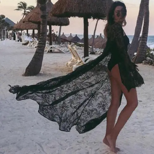 Vestido Kimono transparente de manga larga para mujer, cárdigan hasta el tobillo de encaje, Color sólido, cinturón de cintura