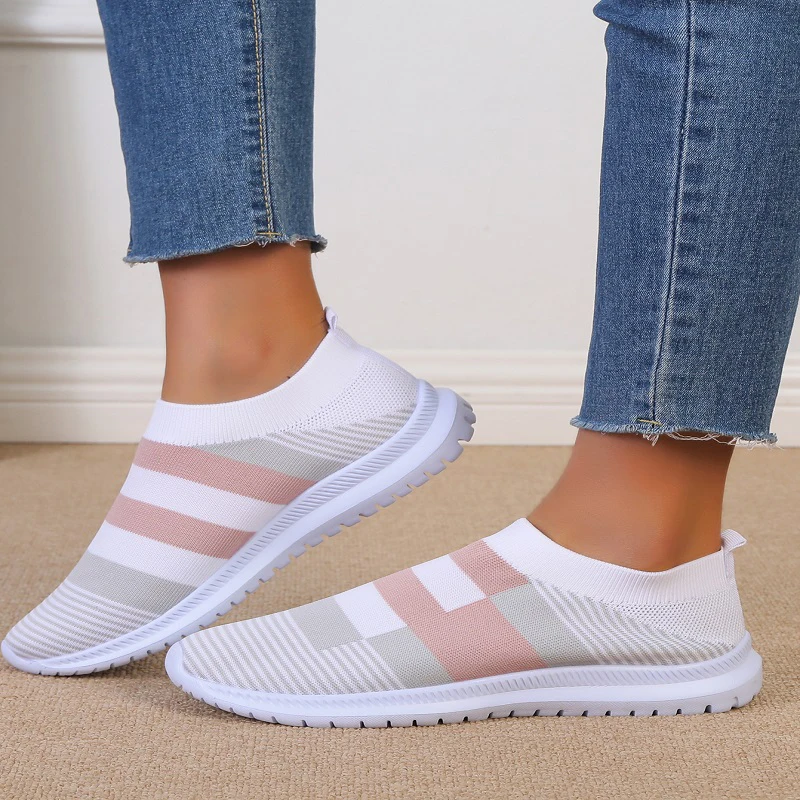 Fashion Striped Knitted Sneaker Shoes for Women Comfort Soft Slip-On Flats Woman Mix Color Non-Slip Sports Shoes Zapato Mujer