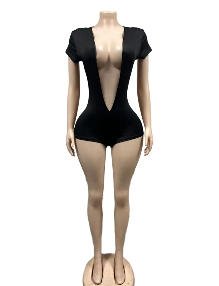 STYLISH LADY Sexy Deep V Plunge Bodysuit 2026 Summer Women Short Sleeve Stretchy Bodycon Short Jumpsuit Party Club Outfits view 5