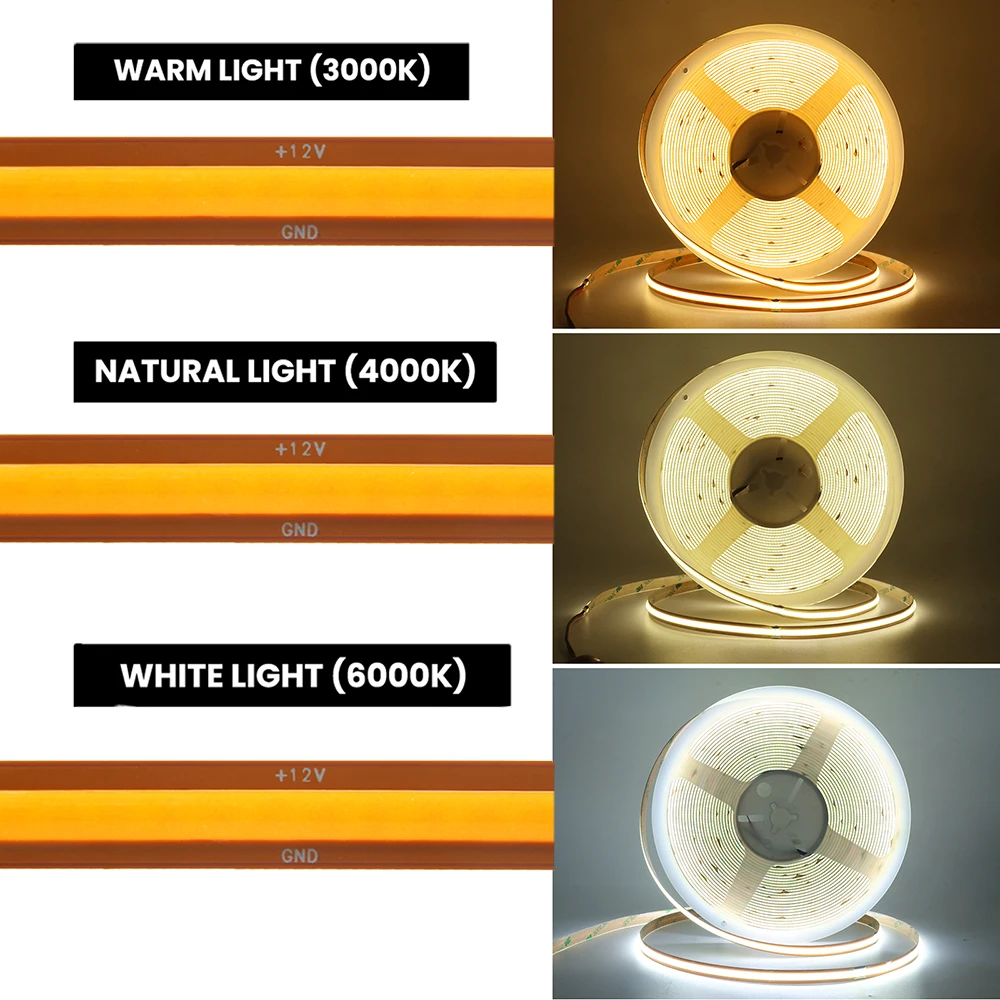 12V 24V COB LED Strip Light 528LEDs/m Cut Freely High Bright Flexible Tape 8mm PCB Linear Lighting 3000K 4000K 6000K Home Decor