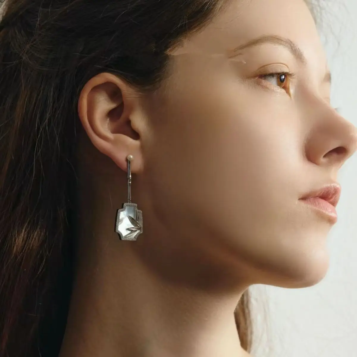 

925 Silver Byobu Ear Threader Stud Earring Natural White Shell Bamboo Plum Blossom Ear Drop Dangle Qing Dynasty Court Jewellery