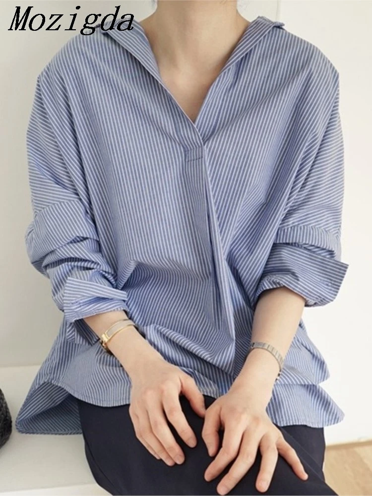 

Summer Vintage Striped Women's Blouse New Long Sleeve Back Single Breasted Korean Elegant Loose Shirts Female