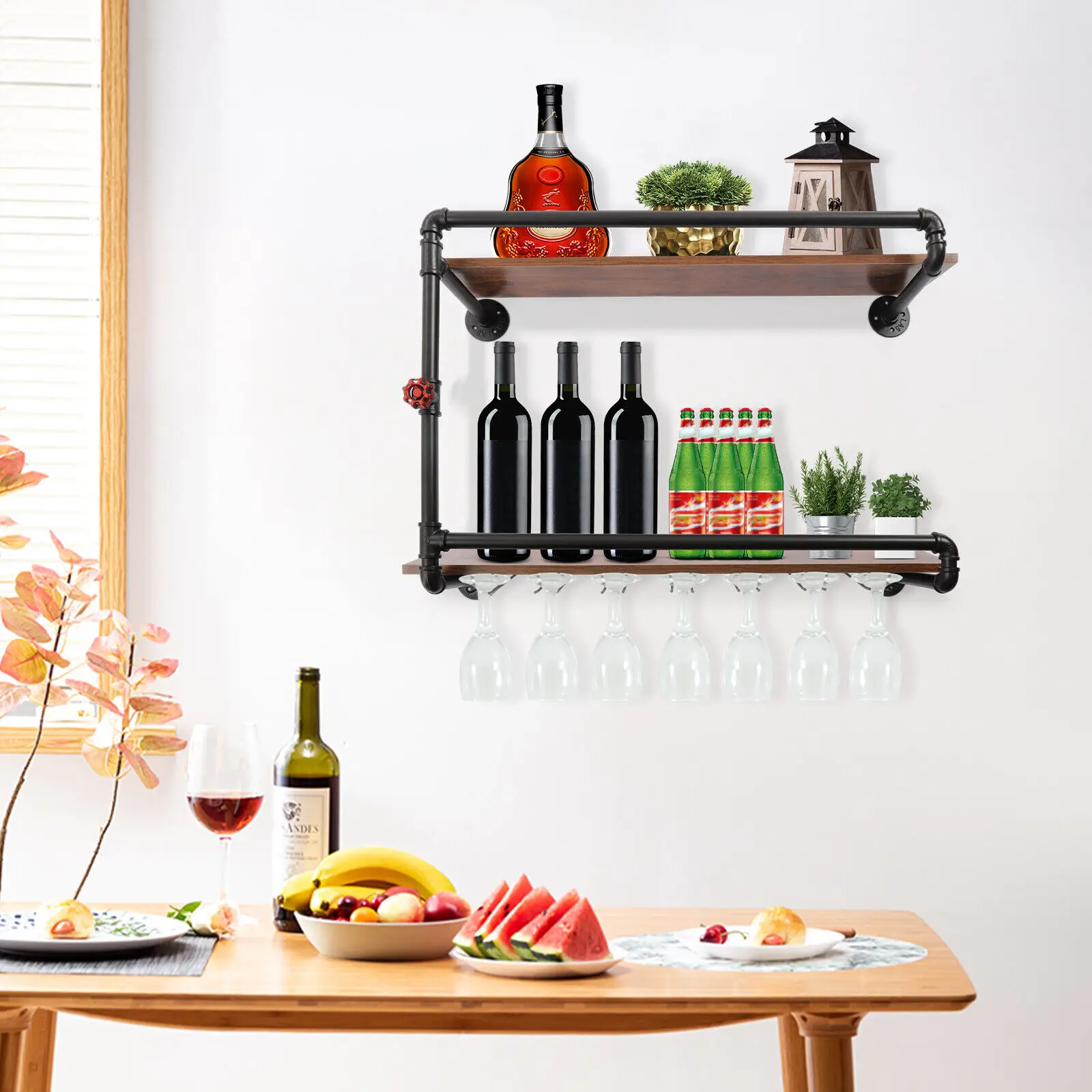 

Retro 2 Tier Wine Rack Hanging Floating Bar Shelves Industrial Rustic Style US