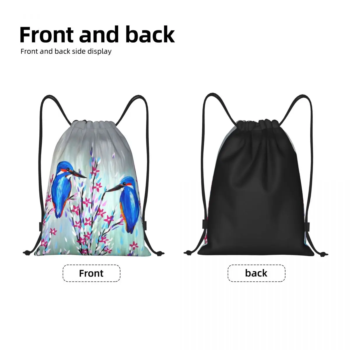 Custom Cute Kingfisher Love Drawstring Backpack Sports Gym Bag for Women Men Flower Cherry Blossom Bird Training Sackpack