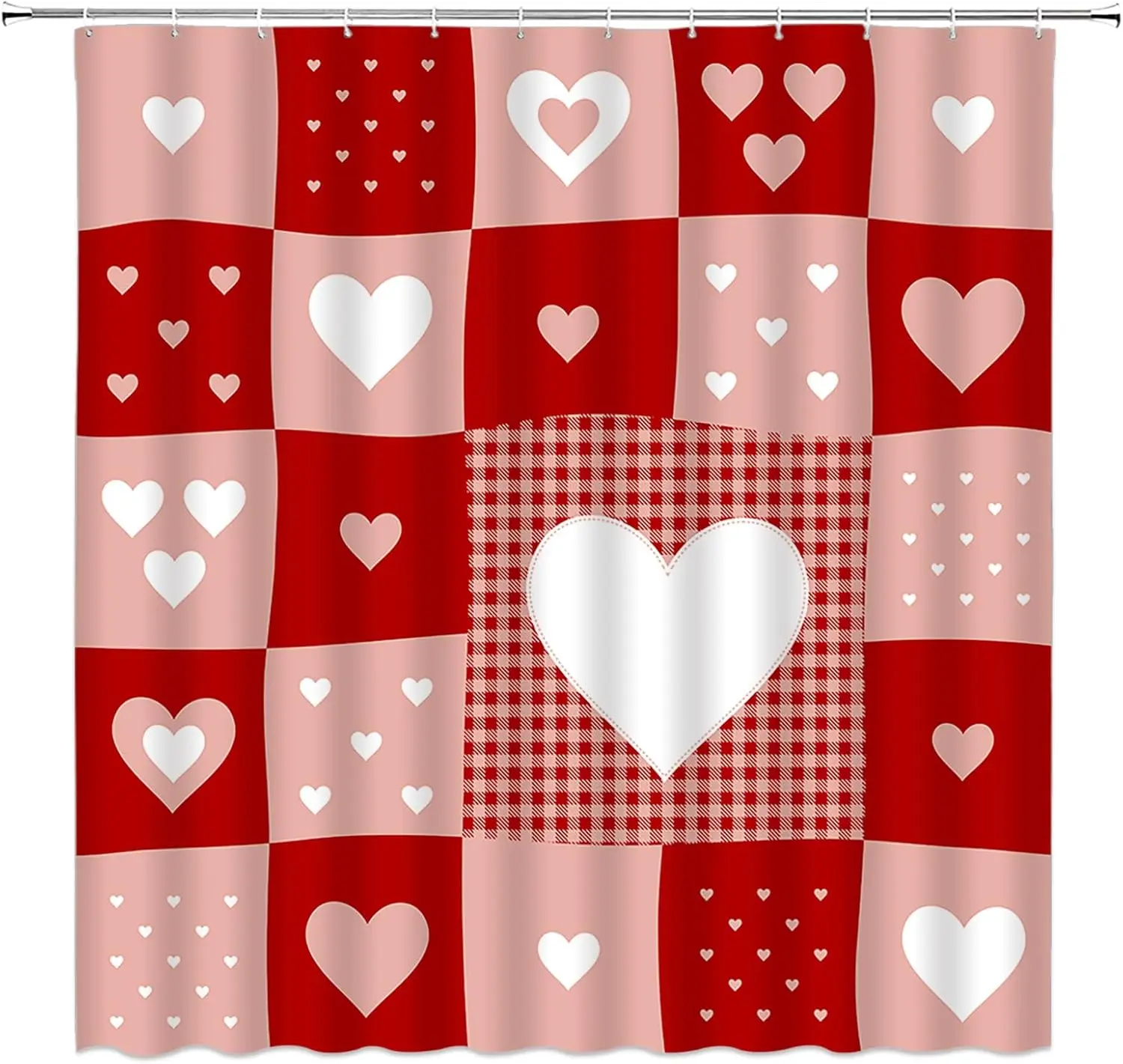 Valentine's Day Shower Curtain Buffalo Check Plaid Love Red Hearts Farmhous Romantic Holiday Fabric Bathroom Decor Set Hooks
