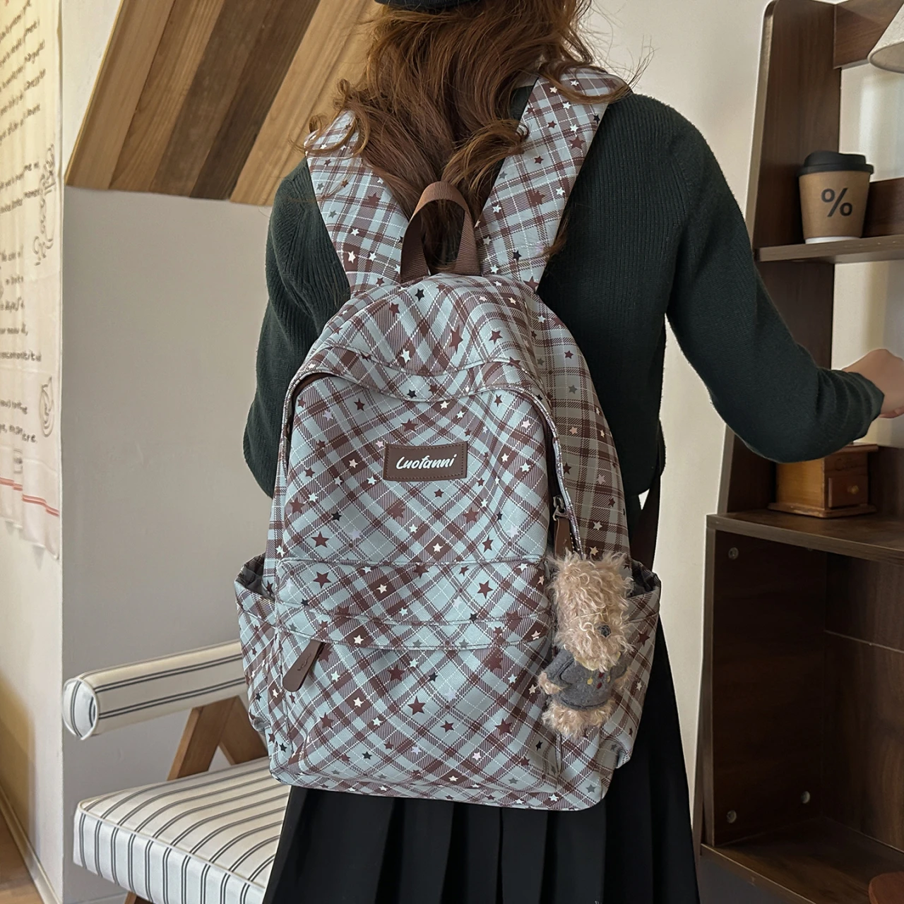LEFTSIDE Women's Plaid Star Print Canvas Backpack Plush Charm Adjustable Casual Daily School Bag 2026 New Trend Casual Back Pack image 4