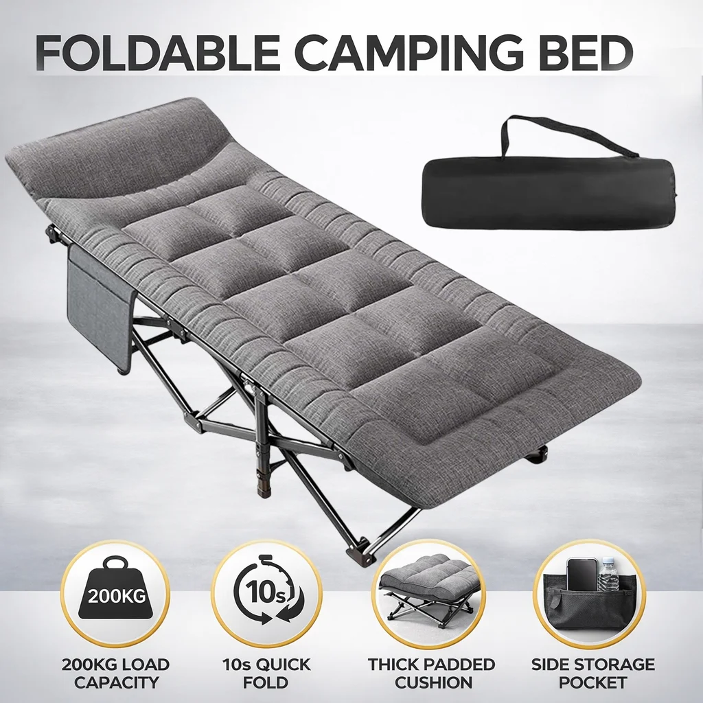 Lit de camping pliable 200 kg – Lit de camp individuel portable avec cadre en acier et oreiller intégré, idéal pour une utilisation en extérieur, dans le jardin ou au bureau