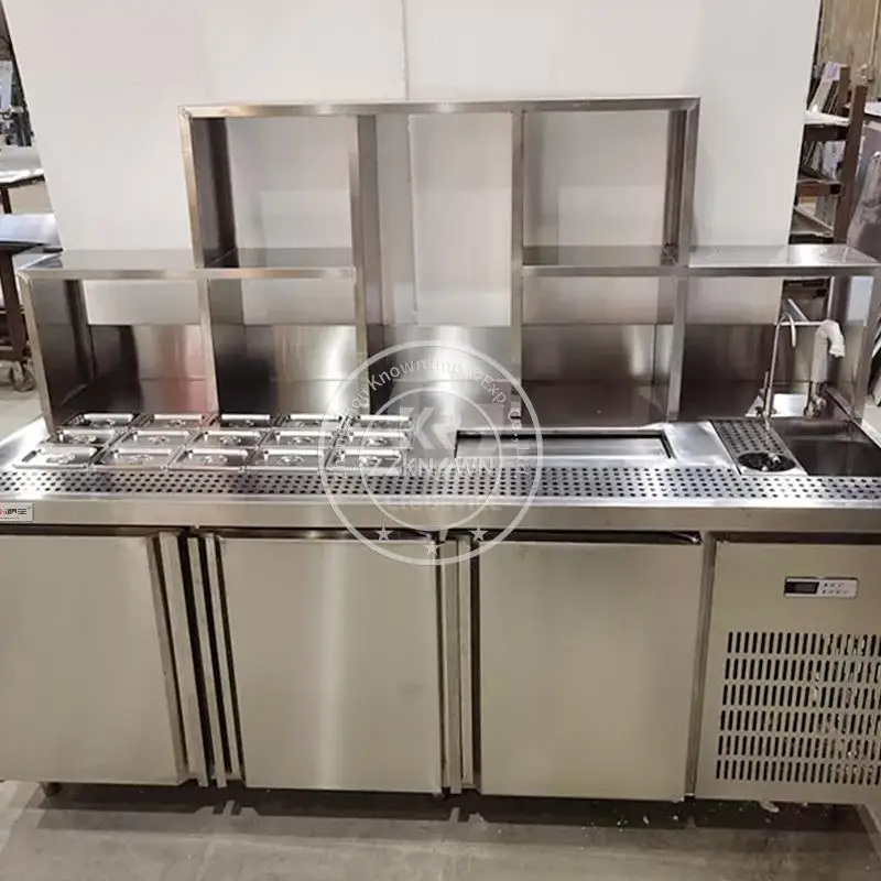 Customized 304 Stainless Steel Full Set Bubble Tea Machine Work Table With Refrigerator Cabinet For Milk Tea Shop Design