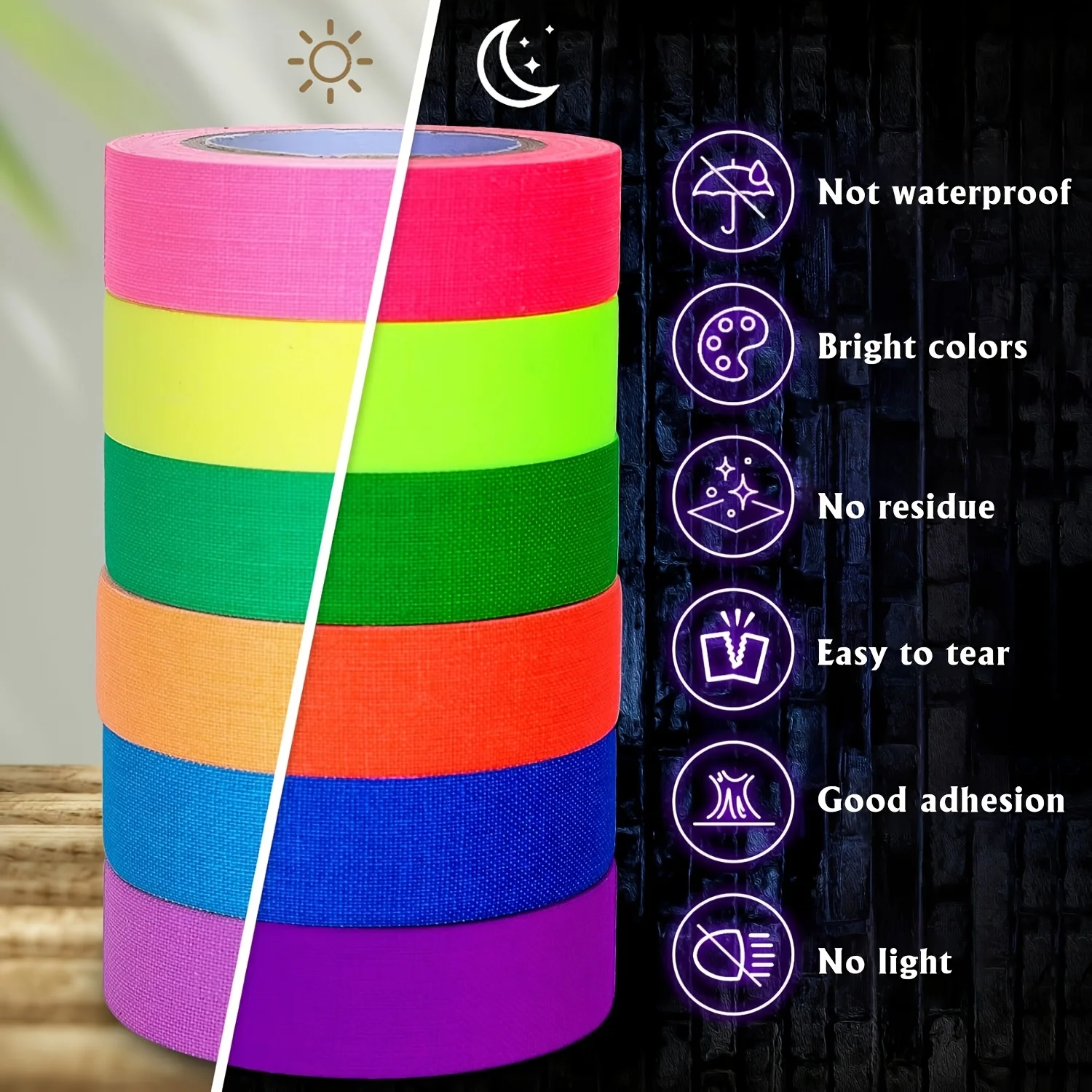 Neon Glow Tape 6 Rolls UV Blacklight Reactive Multi-Color Luminous Tape, High Strength Adhesive for Party Decor, Stage