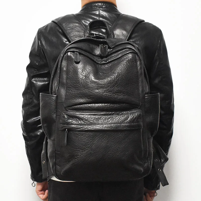 Vintage Black Large Capacity Man's Luxury Genuine Leather Backpack 16 Inch Laptop Fashionable Travel Casual Waterproof Back Bag
