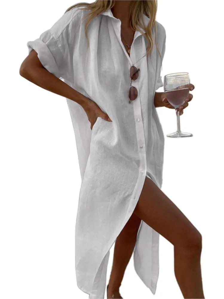 Primavera verão cor sólida algodão linho lapela camisa vestidos femininos casual manga comprida botões solto vestido longo mulher vestido de praia