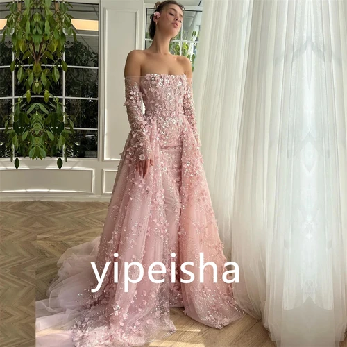 Imagen 2 del producto Vestido de fiesta personalizado, intrincado, elegante, con hombros descubiertos, vestido de fiesta con cuentas de flores, barrido/cepillo, graduación de Organza
