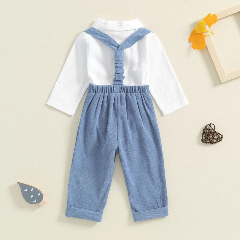 0-24 Months Baby Boy Fall Outfit Solid Color Long Sleeve Rompers with Bow Tie and Suspender Pants Set Spring 2 Piece Clothes