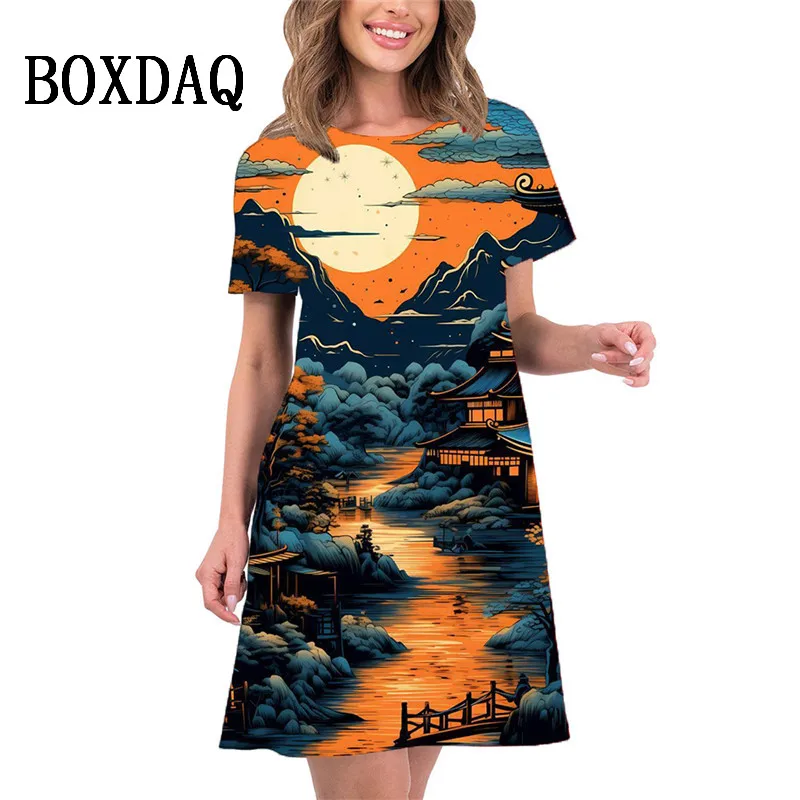 Vestido de verano de manga corta con estampado 3D para mujer, minivestido holgado, informal, elegante, con paisaje de árbol, a la moda