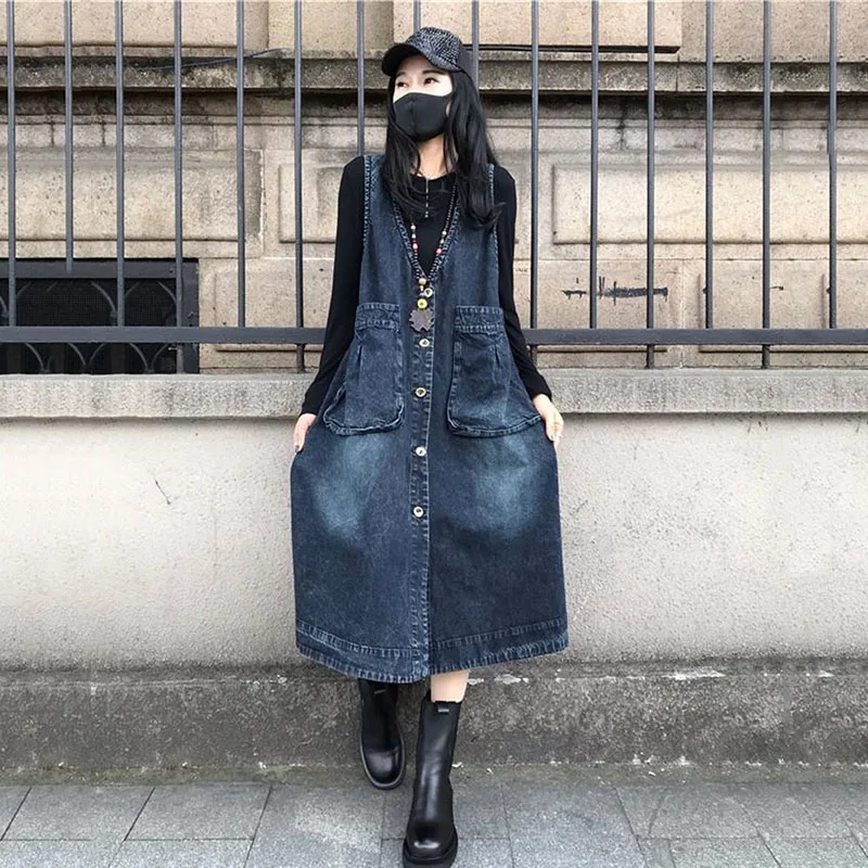 2025 Spring New Style Fashion Medium To Long Lady Have Leisure Denim Waistcoat Skirt Korean Version Loose Cowboy Dress Female