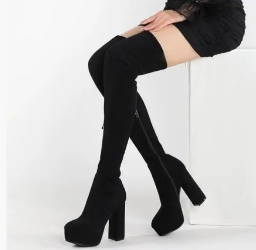 Drop Shipping Black Suede Leather Round Toe Platform Chunky Heels Over The Knee Boots Women Slim Hidden Zipper Thigh Long Boots