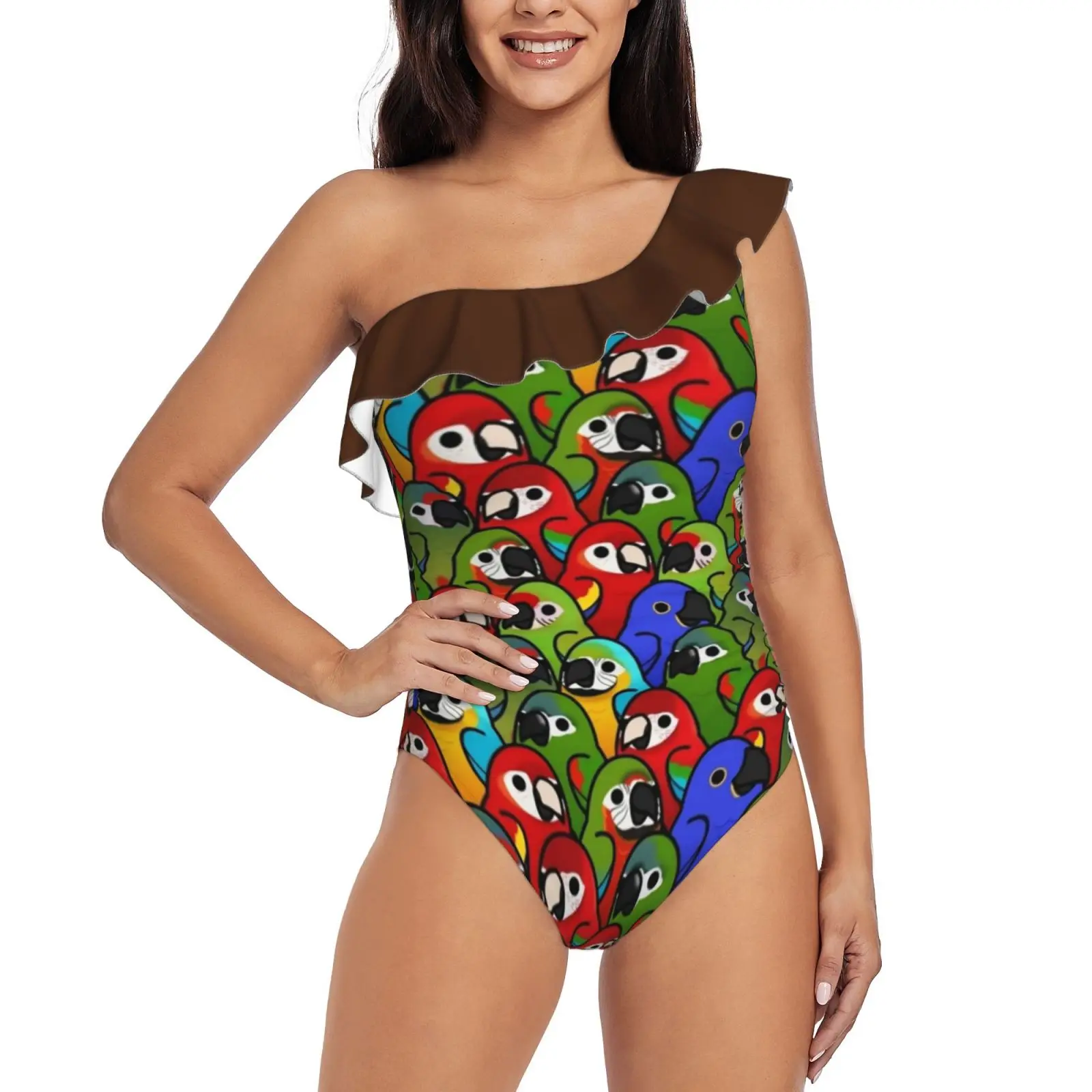 

Too Many Birds!-Macaw Squad One Piece Swimwear One Shoulder Ruffle Swimsuit Women Backless Bathing Suit Bird Birds Cute Too