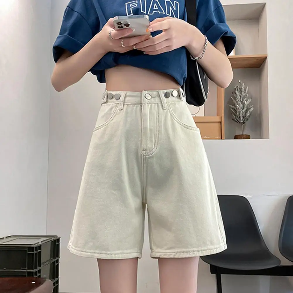 High-waist Jeans Vintage A-line Denim Shorts Adjustable Waist Zipper Closure Pockets Women's Knee Length Jeans for Style