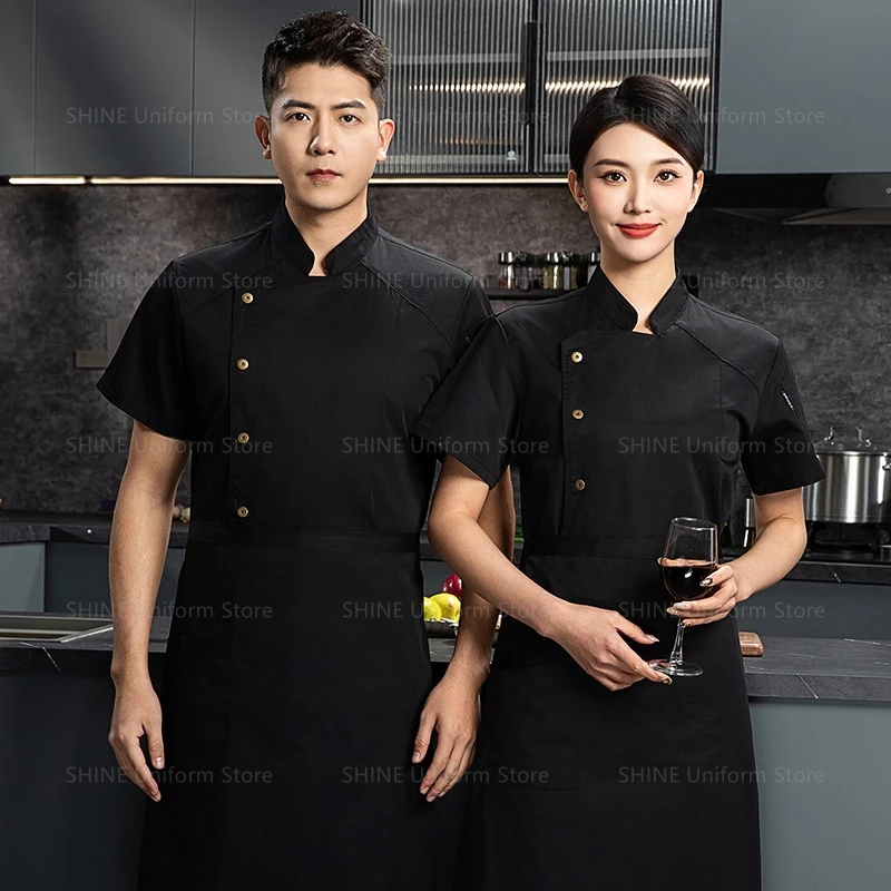 Letnia męska kurtka z krótkim rękawem Restauracja czarny fartuch szefa kuchni odzież robocza logo Szorty szefa kuchni Oddychający płaszcz szefa kuchni Kuchnia