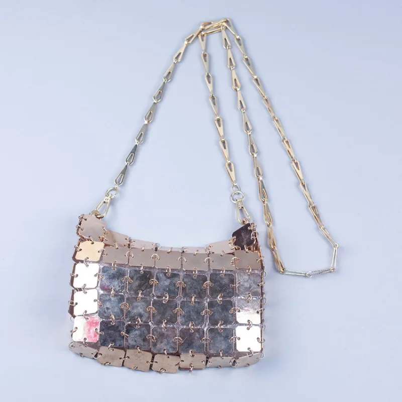 Silver Gold Metal Sequins Chain Crossbody Bag for Women 2024 Luxury Designer Ladies Square Evening Bag Female Lipstick Pouch