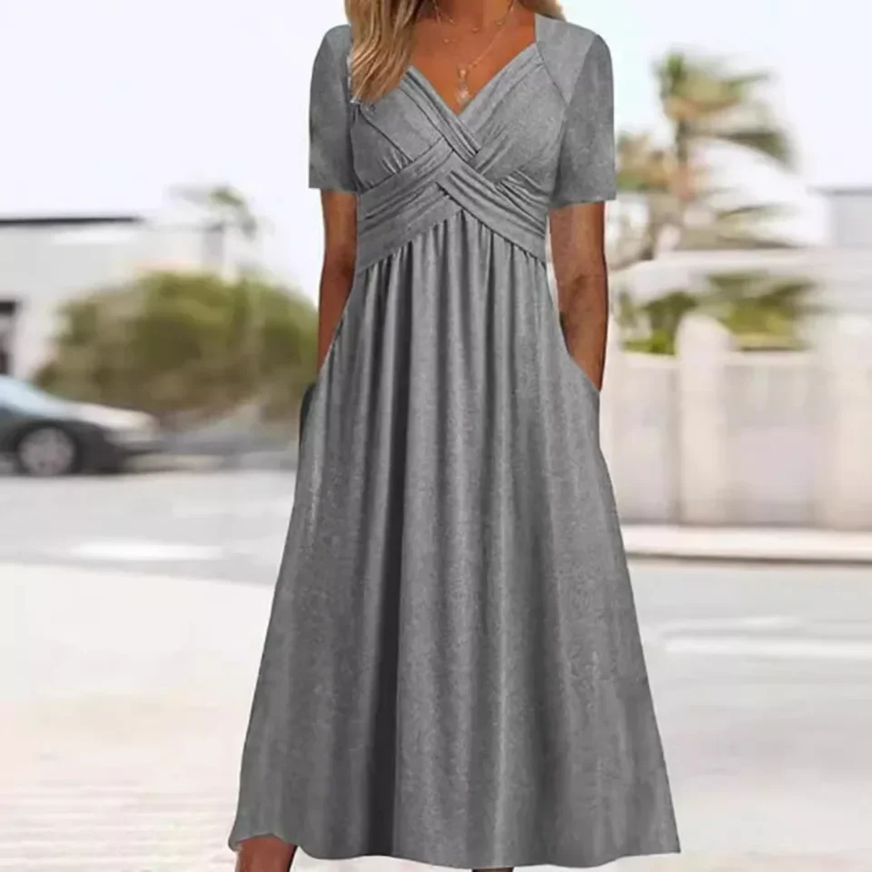 

Elegant V Neck Crossover Wrap Bust Dresses Women Solid Color Short Sleeve Summer Casual Dress Female Side Double Pockets Gown