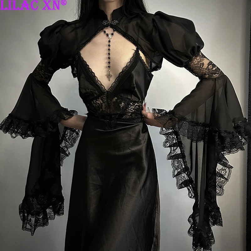 Goth Black Chiffon Lace Mesh See Through Flared Sleeve Smocks Sexy Vintage Aesthetic Lace Trim Fashion Women Summer Cloak Tops