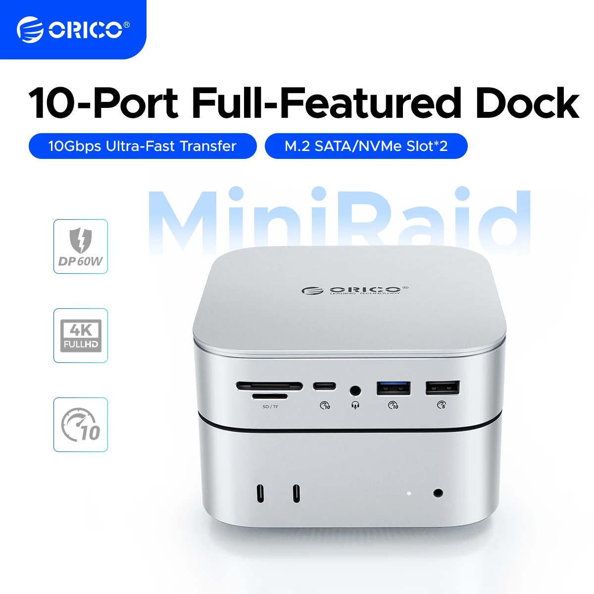 ORICO 10 Gbit/s Dockingstation Dual M.2 SSD Gehäuse Hub 4K60Hz-HDMI PD60W Offline-Klon-Erweiterung mit Lüfter für Mac Mini