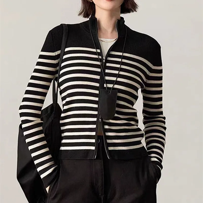 محبوك سترة المرأة بالأزرار جديد كم طويل مخطط متماسكة سترة سترة المرأة بلايز تريكو Sueters De Mujer 2025 Q1385