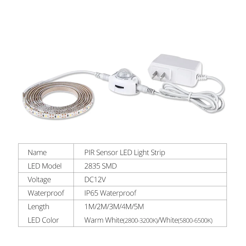 Motion Sensor LED Strip Light DC 12V Waterproof Under Cabinet Lamp For Bedroom Kitchen Flexible LED Strip US EU Power Adapter