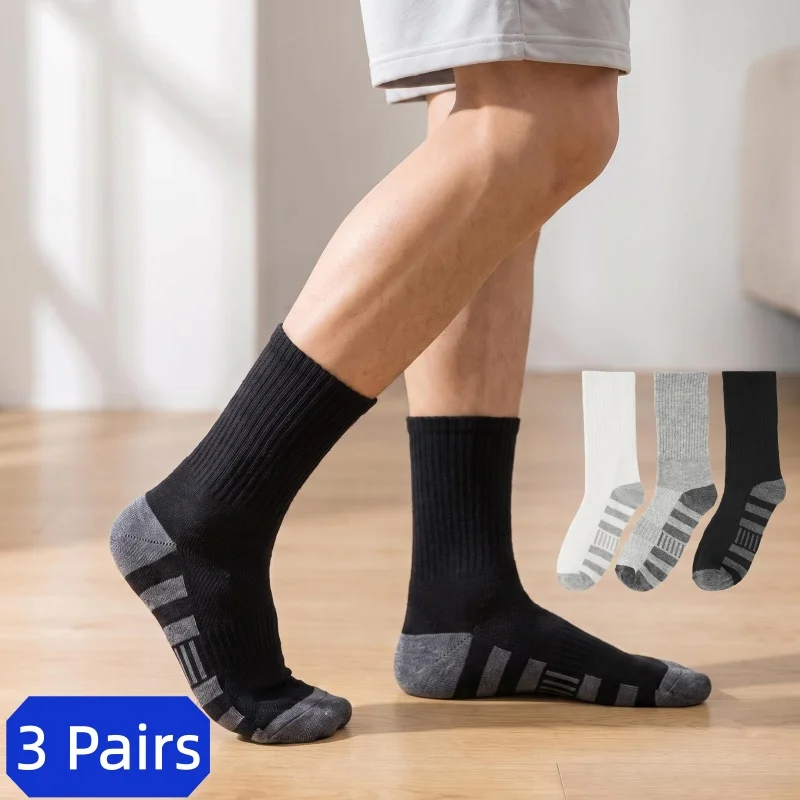 3 Pairs/Lot Men's Breathable Sweat Wicking Sports Socks All Season Casual Versatile Middle Tube Socks Fashion Striped Socks