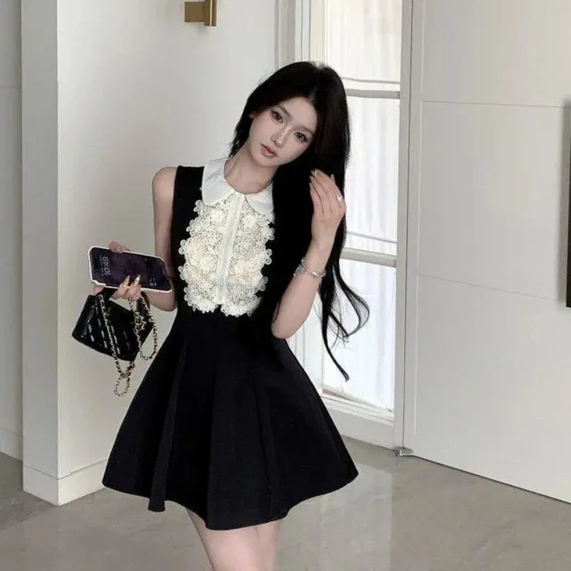 الدانتيل المرقعة طوق بلا أكمام فساتين صغيرة المرأة الصيف مزاجه الخصر سليم صالح ألف خط فستان الحفلات المسائية