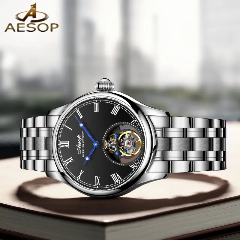 Aesop Mens Hollow Flywheel Tourbillon Mechanical Skeleton Wristwatch Sapphire Crystal Waterproof Automatic Self-wind Male Clock